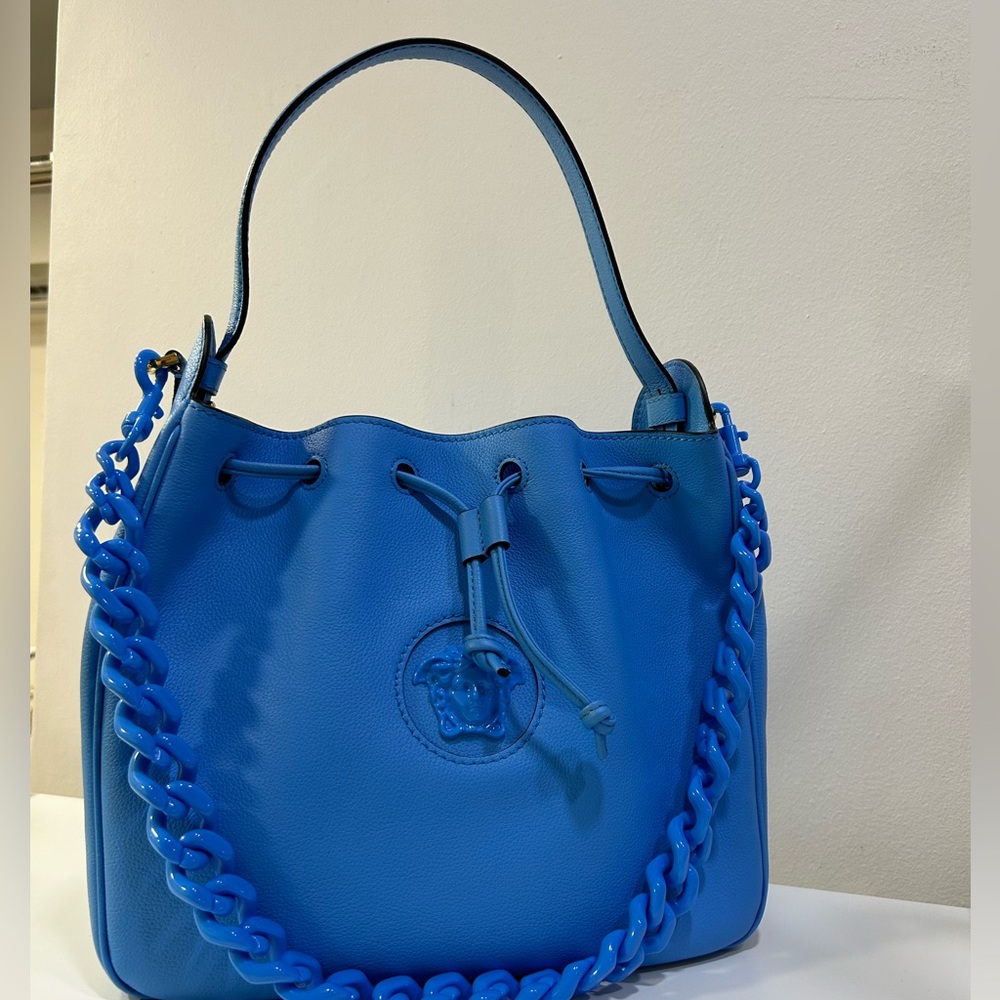 Versace La Medusa Blue Leather Bucket Bag